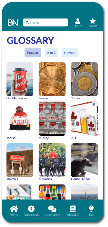 Mobile app glossary screen with Canadian-themed terms and images like Tim Hortons coffee, Canadian coins, toque, mounties, and maple leaf beer.
