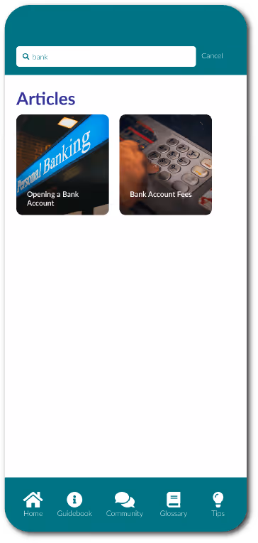 Mobile app search screen showing results for 'bank' with two articles: 'Opening a Bank Account' featuring a personal banking sign, and 'Bank Account Fees' showing a person pressing an ATM keypad.