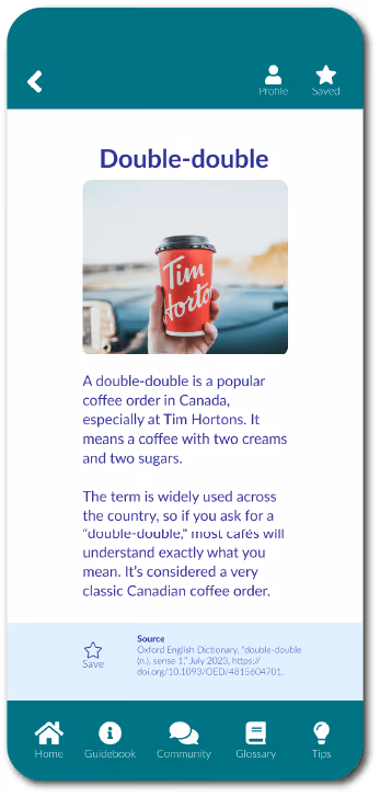 Mobile app screen showing a hand holding a red Tim Hortons coffee cup, describing the Canadian coffee order called double-double with two creams and two sugars.