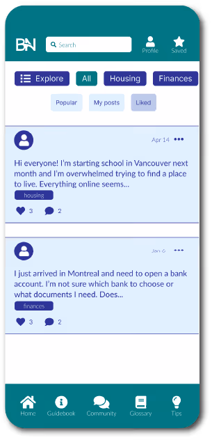 Mobile app screen showing community posts about housing and finances with search bar, profile and saved icons, and navigation menu including Home, Guidebook, Community, Glossary, and Tips.