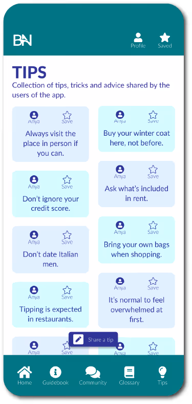 Mobile app screen showing user-shared tips like visiting places in person, buying winter coats locally, checking rent inclusions, and tipping in restaurants.