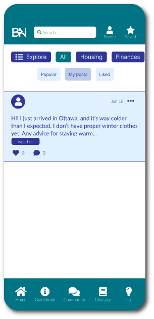 Mobile app interface showing a community post about winter clothing advice in Ottawa, with navigation tabs for Explore, All, Housing, and Finances, and icons for Home, Guidebook, Community, Glossary, and Tips at the bottom.