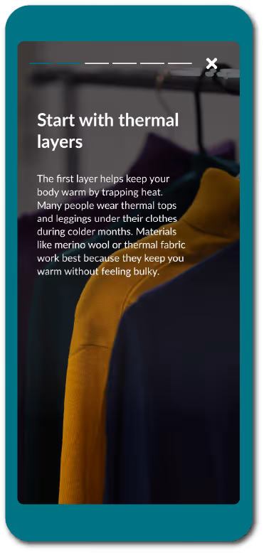 Clothes on hangers with overlay text explaining that thermal layers keep the body warm by trapping heat, mentioning materials like merino wool and thermal fabric.