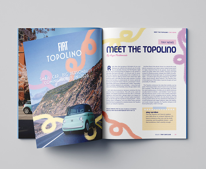 Open magazine featuring an article titled 'Meet the Topolino' with a photo of a compact Fiat Topolino car on a mountainous road.
