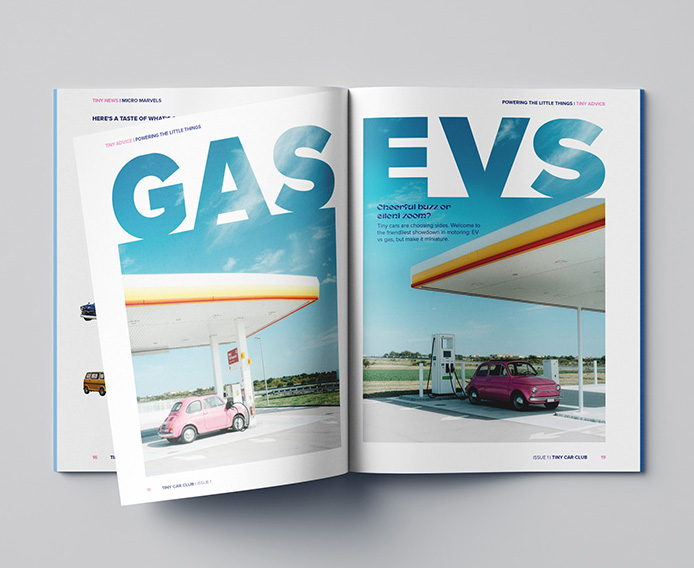 Open magazine spread showing a comparison of a gas-powered and electric vehicle at a gas station with large text 'GAS' on the left page and 'EVS' on the right page.