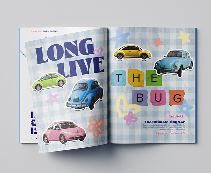 Open magazine spread with colorful cartoon-style cars and text reading 'LONG LIVE THE BUG' on a checkered background with decorative stars and hearts.