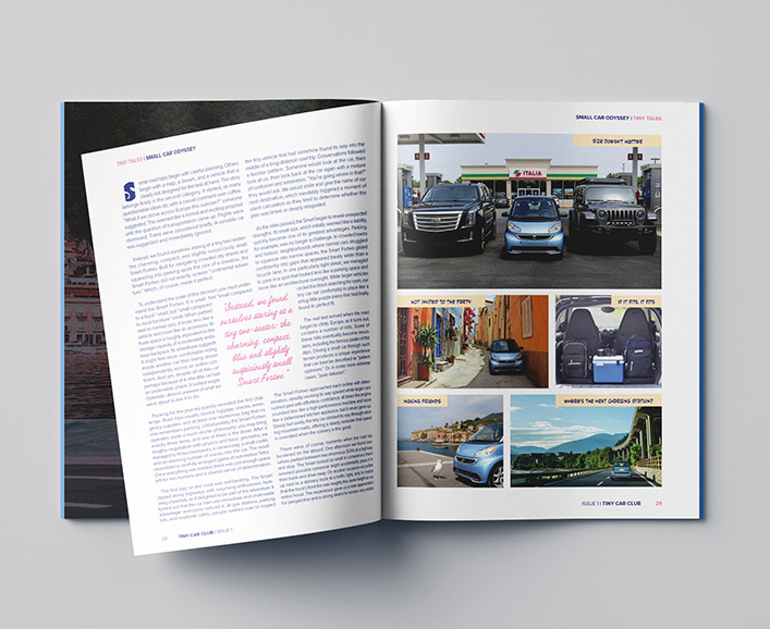 Open magazine spread featuring an article on small cars with text and photos including a small blue car parked between larger vehicles, city alley, coastal scene, and car interior.