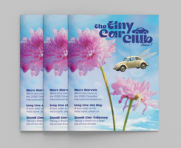 Magazine cover titled 'The Tiny Car Club Issue 1' featuring a vintage yellow car with dragonfly wings flying near pink flowers against a blue sky.
