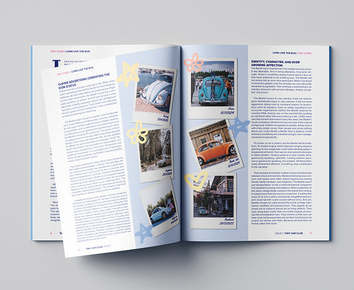 Open magazine spread featuring articles and six photos of colorful vintage Volkswagen Beetle cars with hand-drawn star and heart decorations.