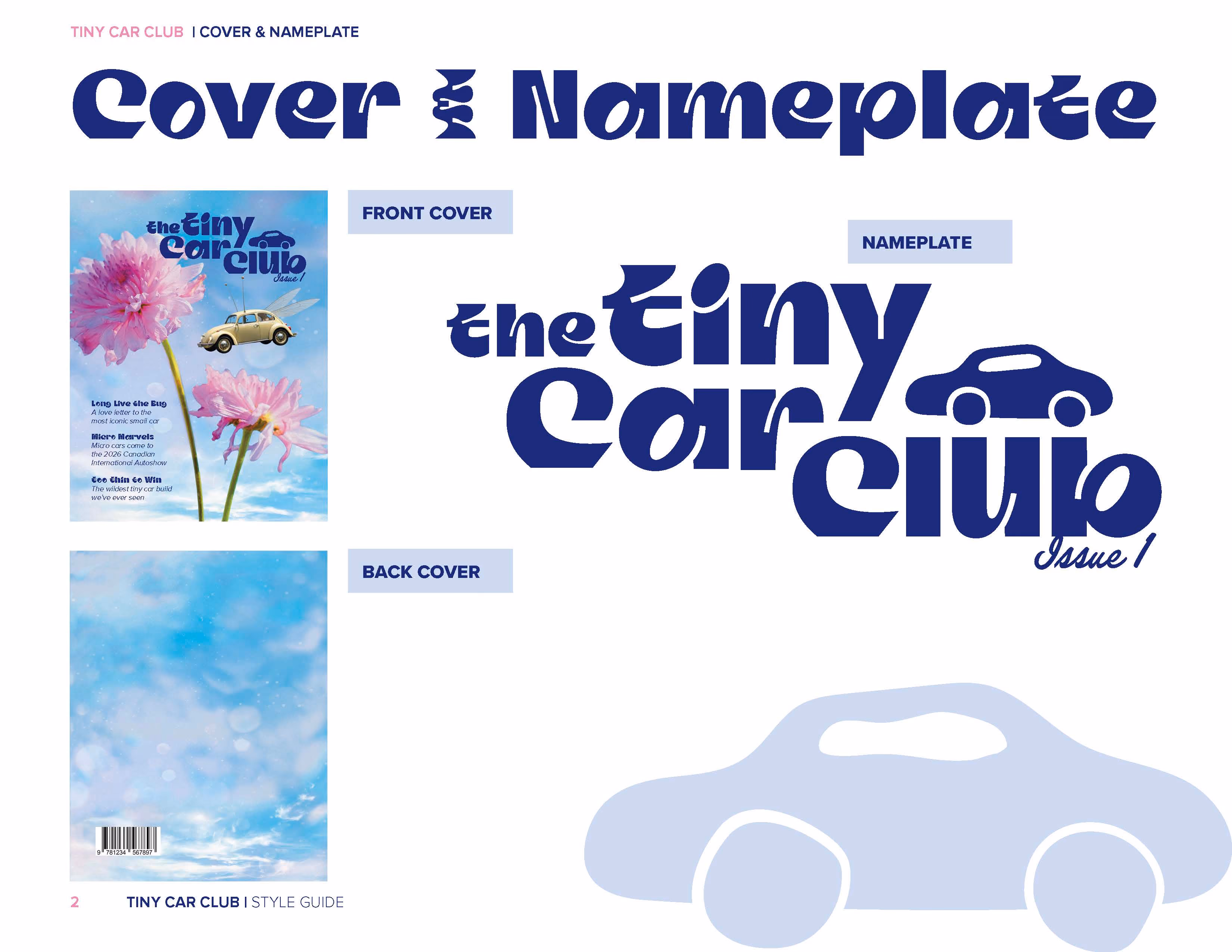 Tiny Car Club cover with pink flowers, vintage car, blue sky, and stylized logo with car icon.