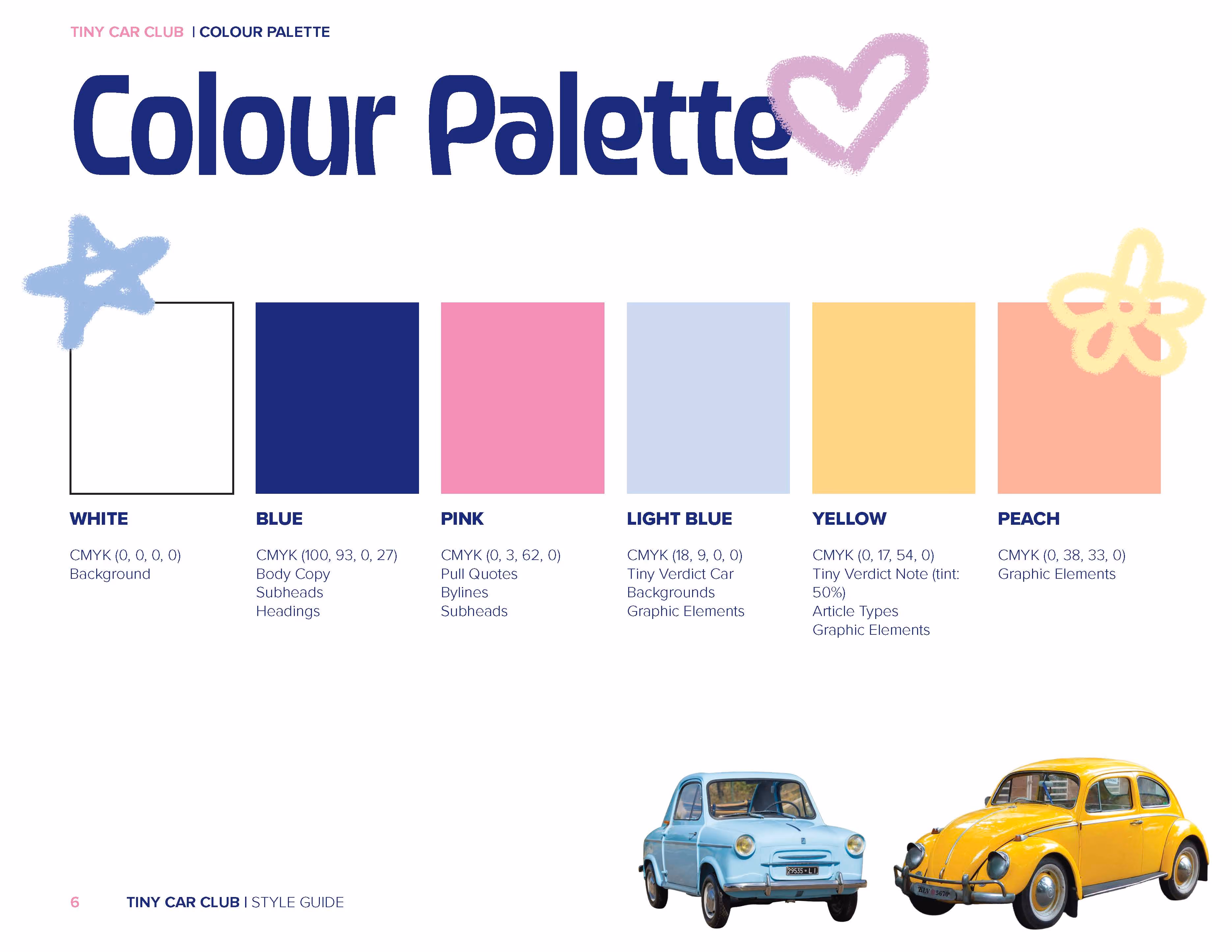 Colour palette with six colors and two vintage cars in blue and yellow at the bottom right.