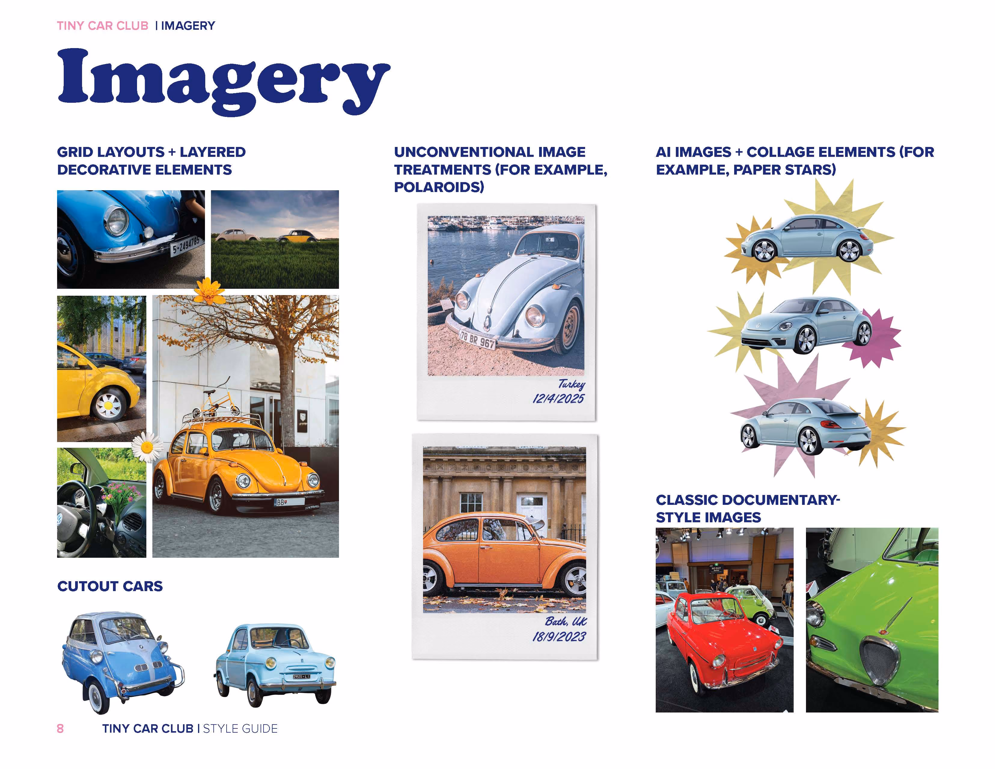Various vintage and tiny cars in grids, polaroid style, cutouts, AI collage, and documentary-style images.