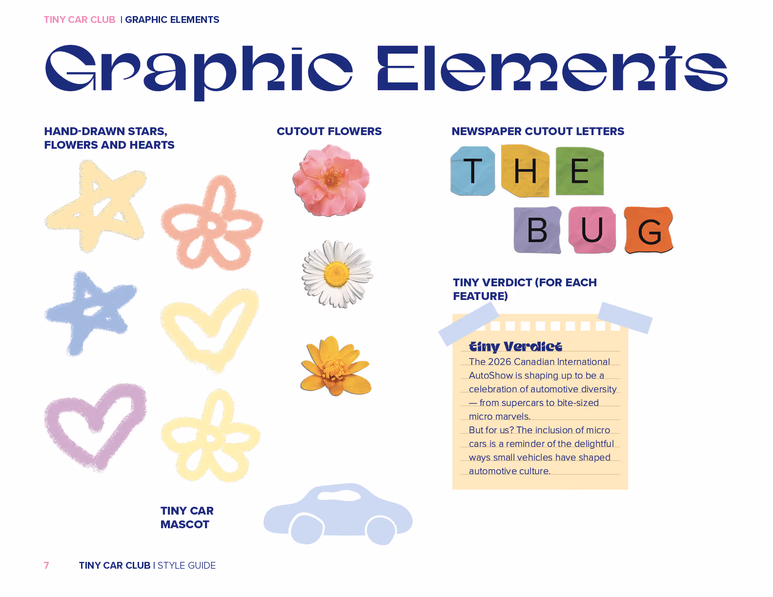 Graphic elements include hand-drawn stars, hearts, flowers, cutout flowers, letters spelling THE BUG, and a tiny car mascot.