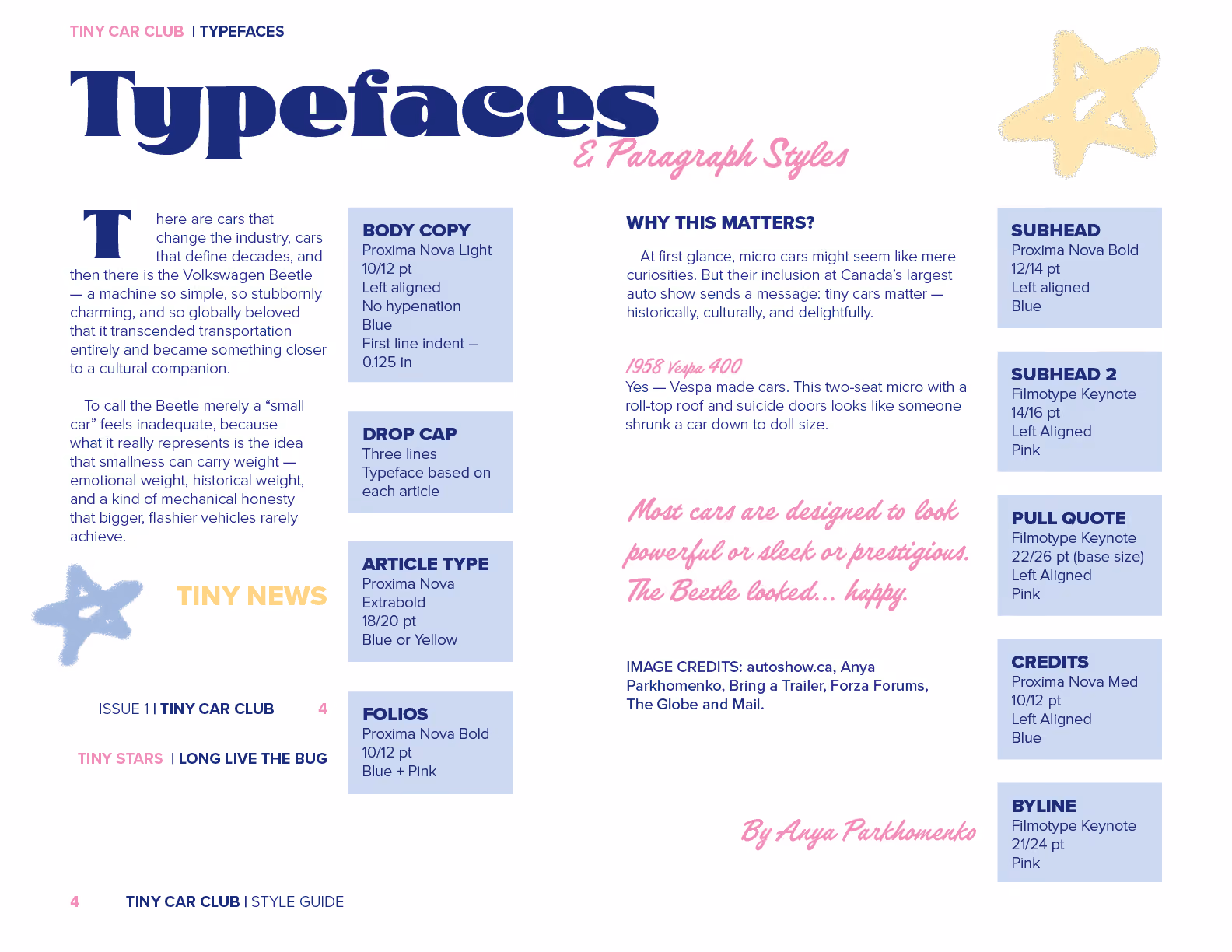 Style guide page showing typefaces and paragraph styles with descriptions and examples in blue and pink text.