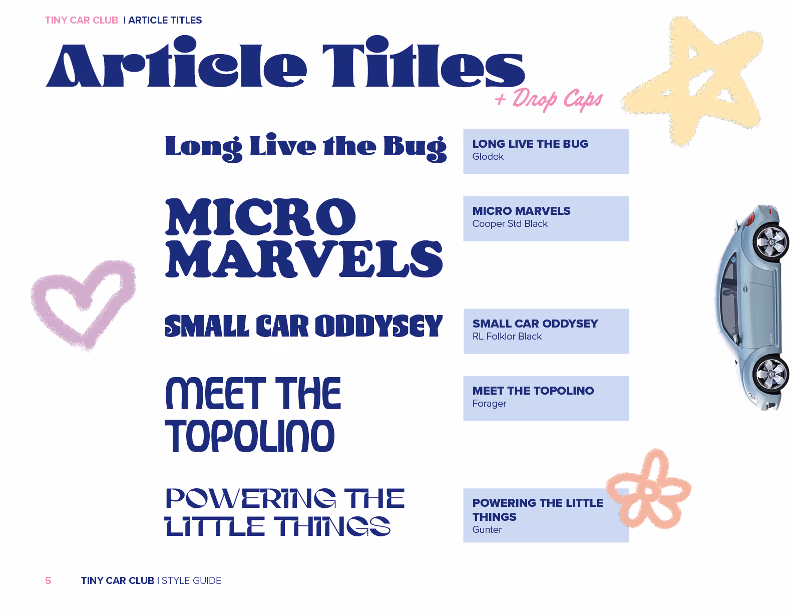 Tiny Car Club article titles shown in varied bold fonts with decorative hearts, stars, and a small blue car.