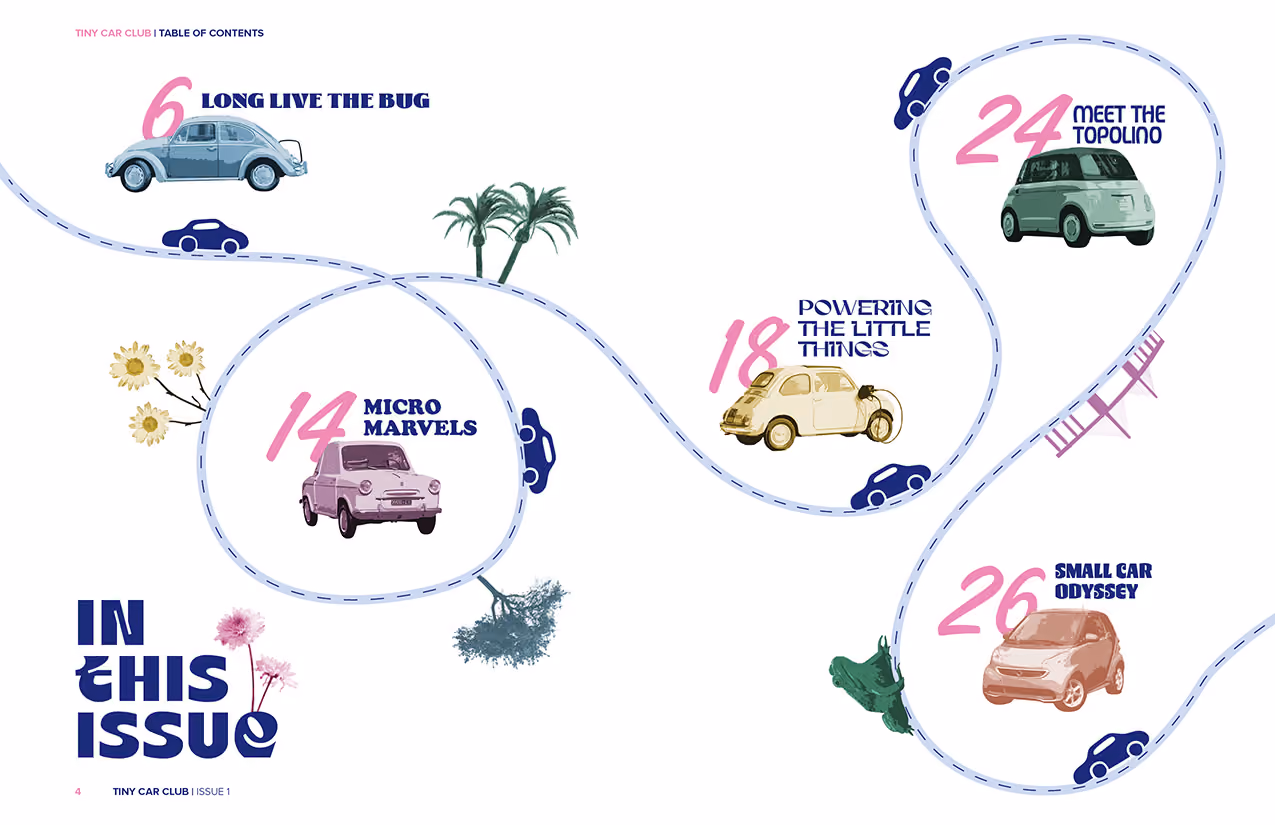 Magazine cover titled 'The Tiny Car Club Issue 1' featuring a vintage yellow car with dragonfly wings flying near pink flowers against a blue sky.
