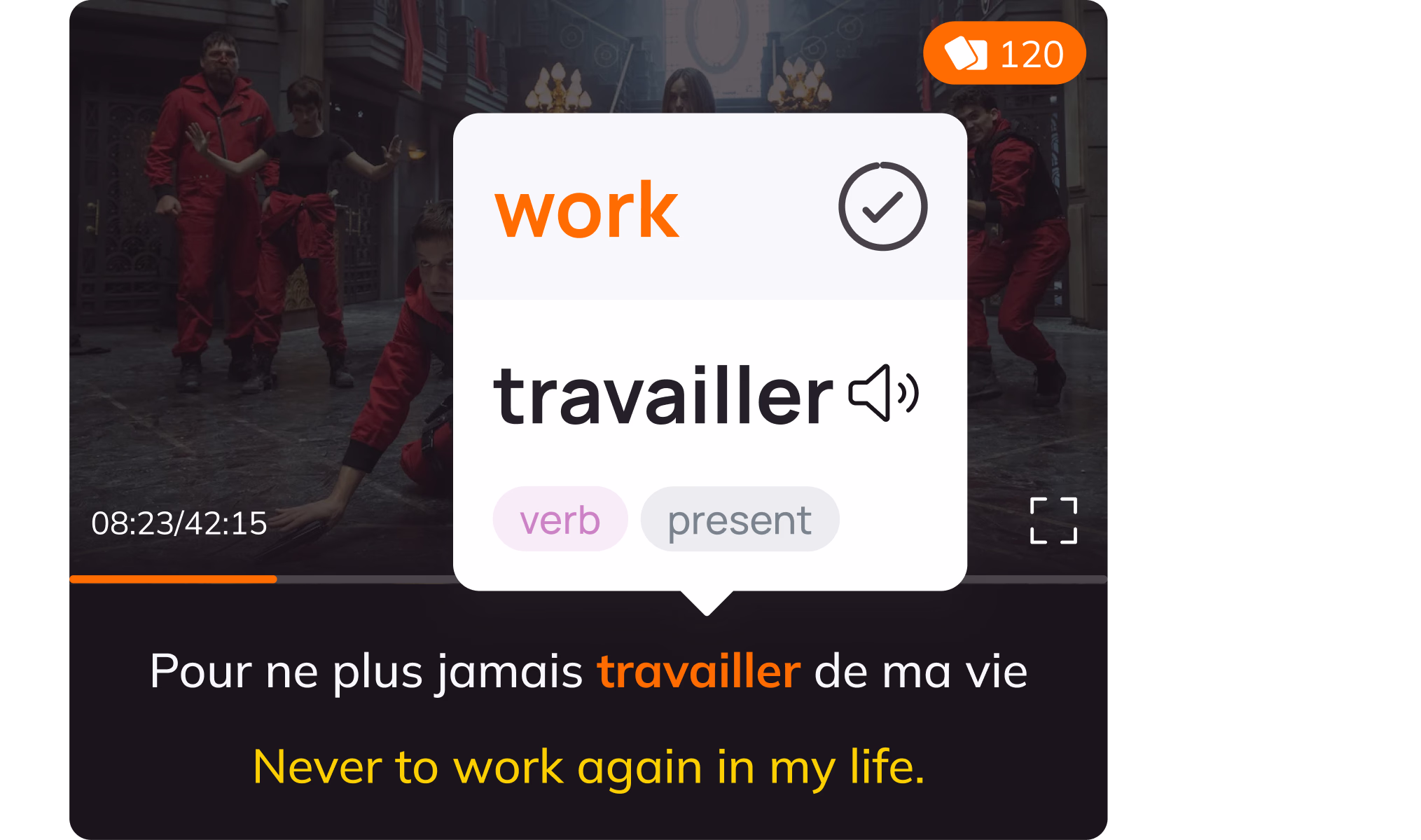 All shows come with 2 sets of subtitles. Click any word to get an instant translation. The more you watch the more you learn.