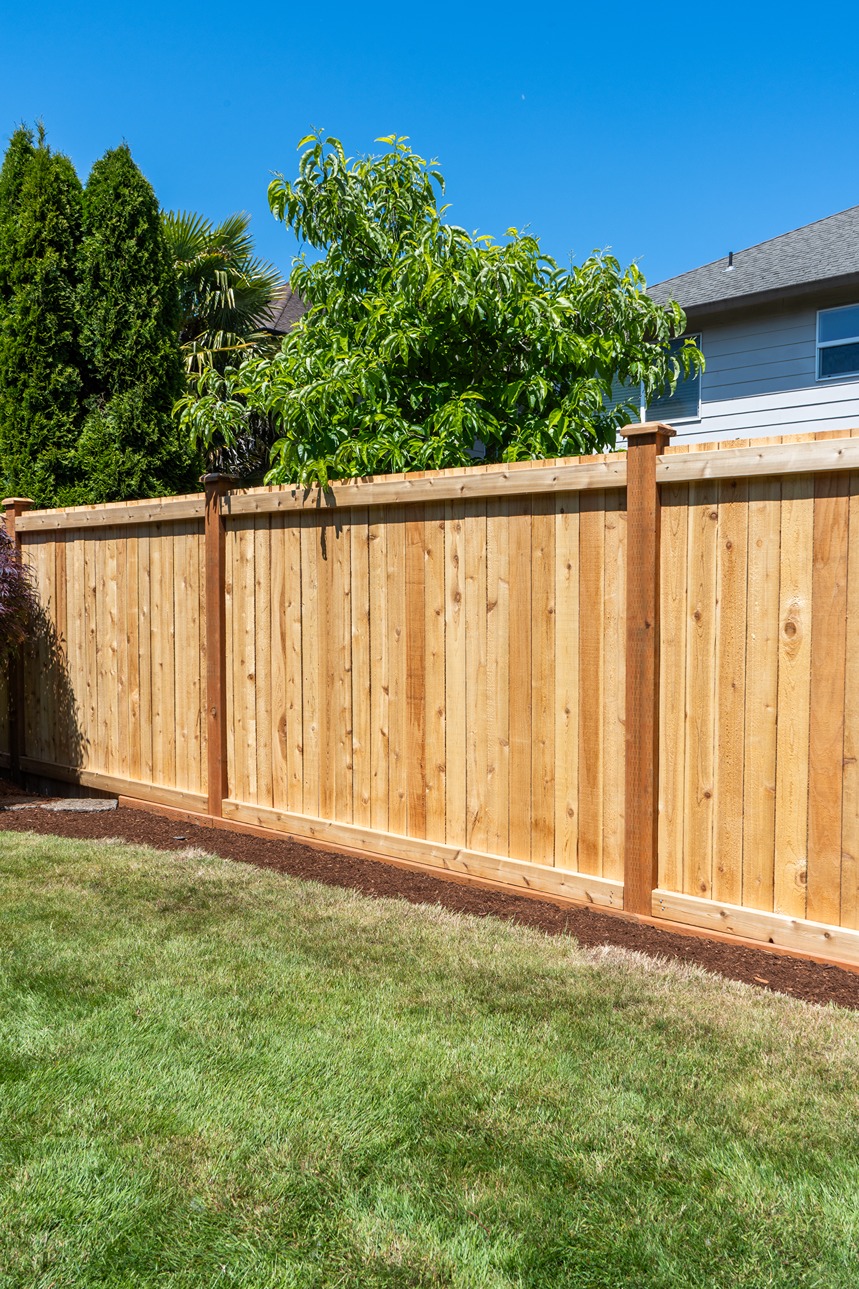 Freshly built vertical cedar wood privacy fence with sturdy posts in a residential backyard