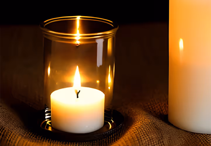 The warm candlelight creates a glowing atmosphere against the dark background