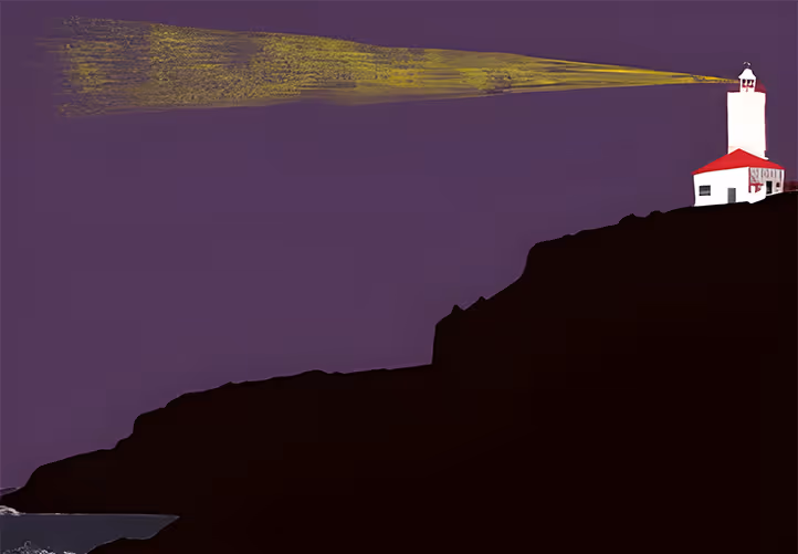 A lighthouse with a white tower and red-roofed building sits atop a dark rocky cliff against a purple twilight sky. A bright yellow beam of light extends from the lighthouse across the scene.