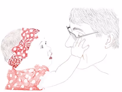 Sketch-style illustration of a baby in a red polka dot outfit and matching headband gently touching the face of an adult wearing glasses, creating a tender and intimate moment.
