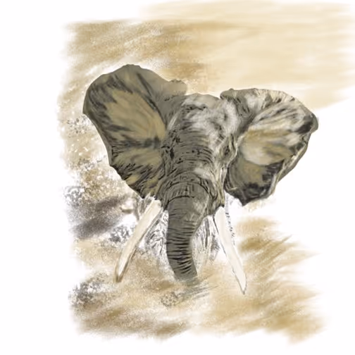 Artistic illustration of an African elephant emerging from water, with its ears spread wide and tusks prominently visible, symbolizing strength and instinct.
