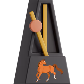Digital illustration of a black metronome with a yellow pendulum and a red knob, featuring a galloping brown horse painted on its base.
