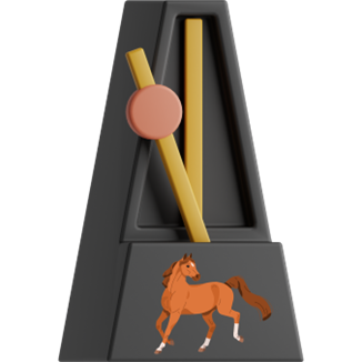 Digital illustration of a black metronome with a yellow pendulum and a red knob, featuring a galloping brown horse painted on its base.