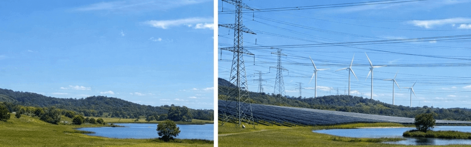Golden grasslands, a calm lake with a lone tree, and forested hills under a blue sky.