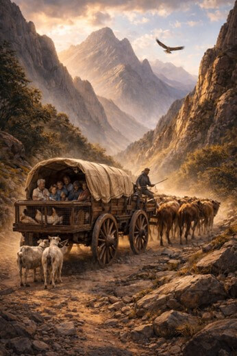 A covered ox-wagon carrying a family and livestock navigates a rocky mountain pass, guided by a driver with a whip, as an eagle soars overhead in golden light.