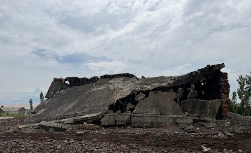 The ruins of a gas chamber and crematorium at Auschwitz II-Birkenau, its concrete roof collapsed onto rubble.