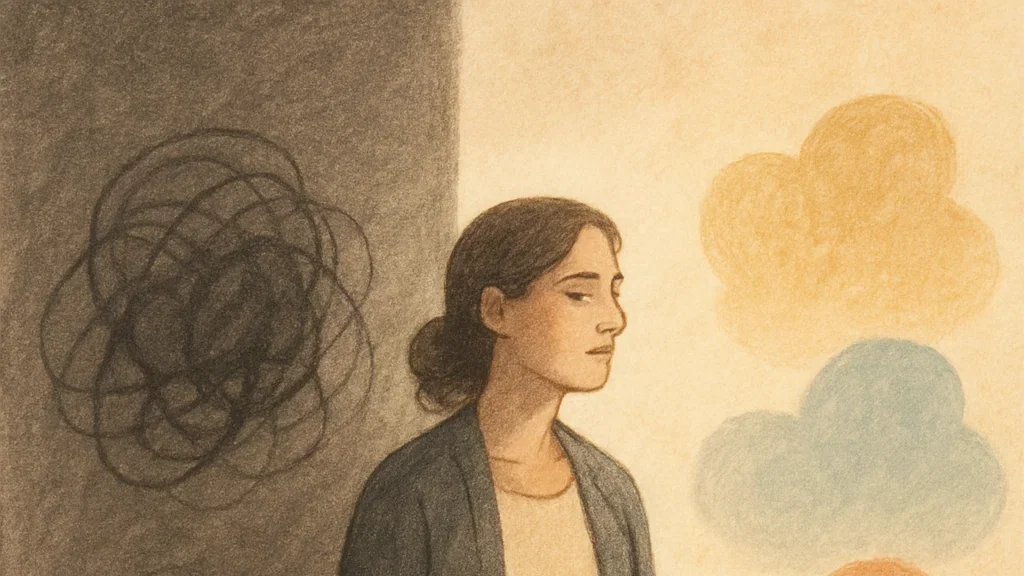 Illustration of a woman calmly walking from a dark shadowed area into warm sunlight. Behind her is a tangled black scribble symbolizing inner turmoil, while in front of her are soft, colorful cloud-like shapes representing clarity or hope. She wears a light dress and a blue-gray cardigan, with a peaceful, reflective expression. The setting is minimal, focusing on the emotional transition from darkness to light. 