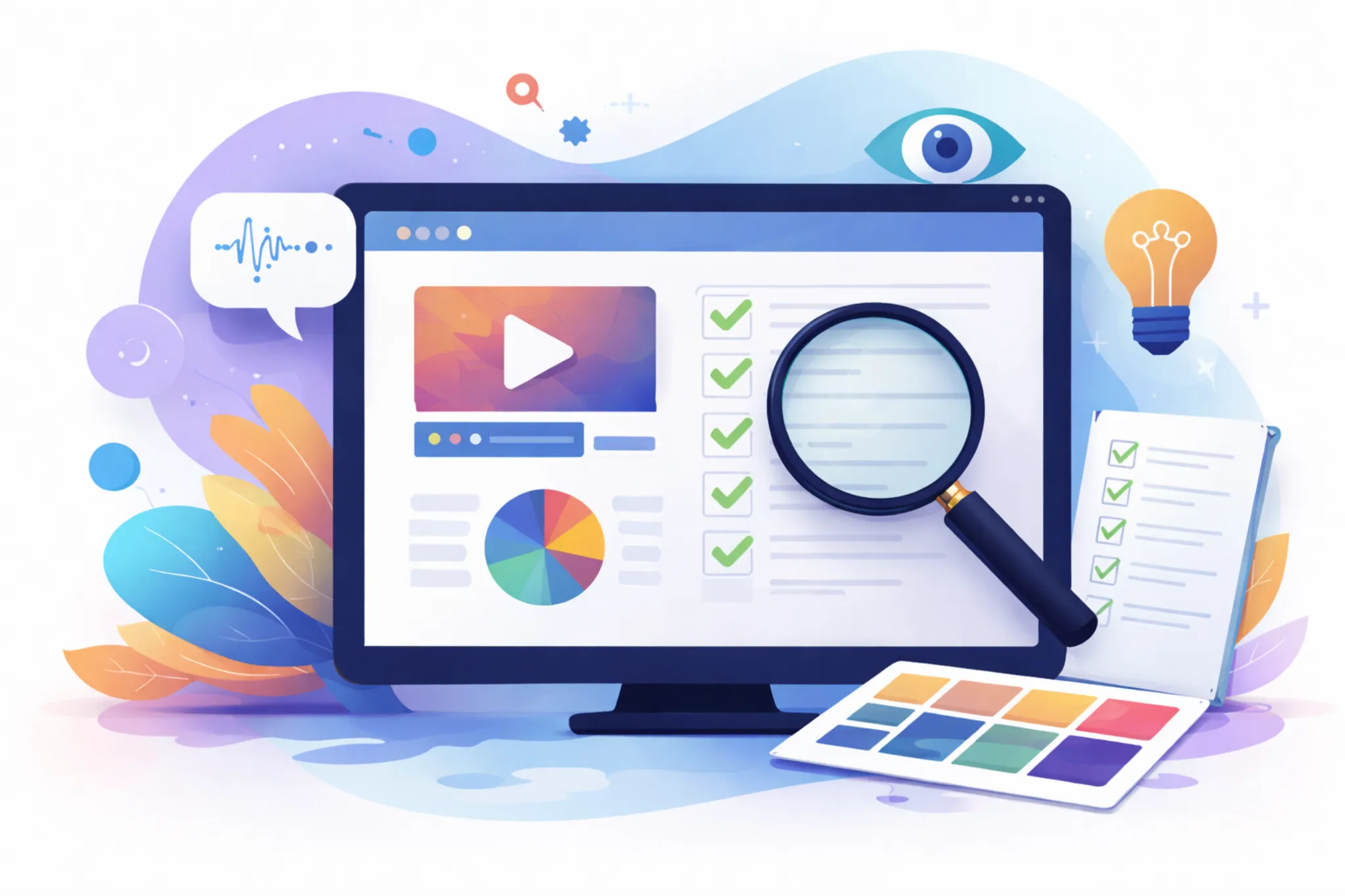 Computer screen showing digital learning content being reviewed, with a magnifying glass highlighting a checklist, charts, and media elements to represent accessibility auditing and content evaluation.