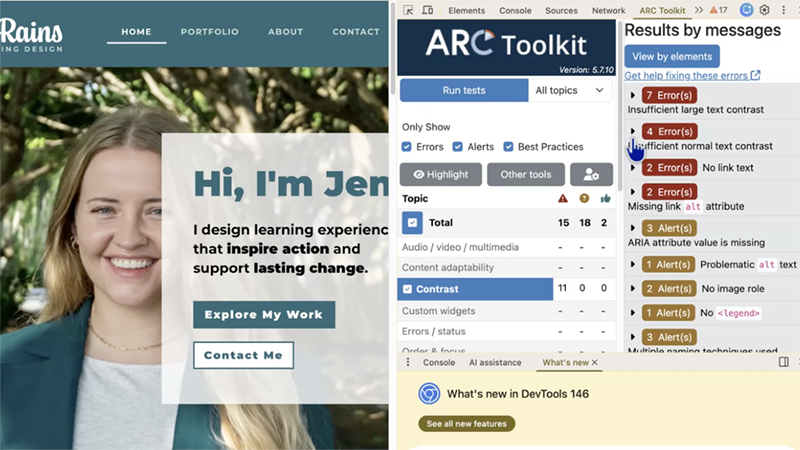 ARC Toolkit accessibility test results displayed alongside the course page being audited.
