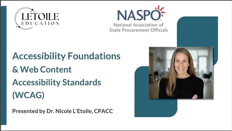 Dr. Nicole L'Etoile speaking at a large conference with a laptop open presenting on accessibility.