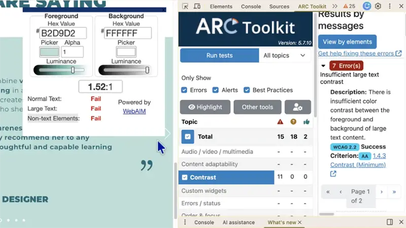 ARC Toolkit color contrast results flagging text that fails WCAG contrast requirements.