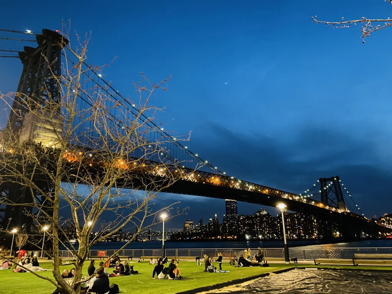 Domino Park waterfront promenade and skyline view in Williamsburg Brooklyn