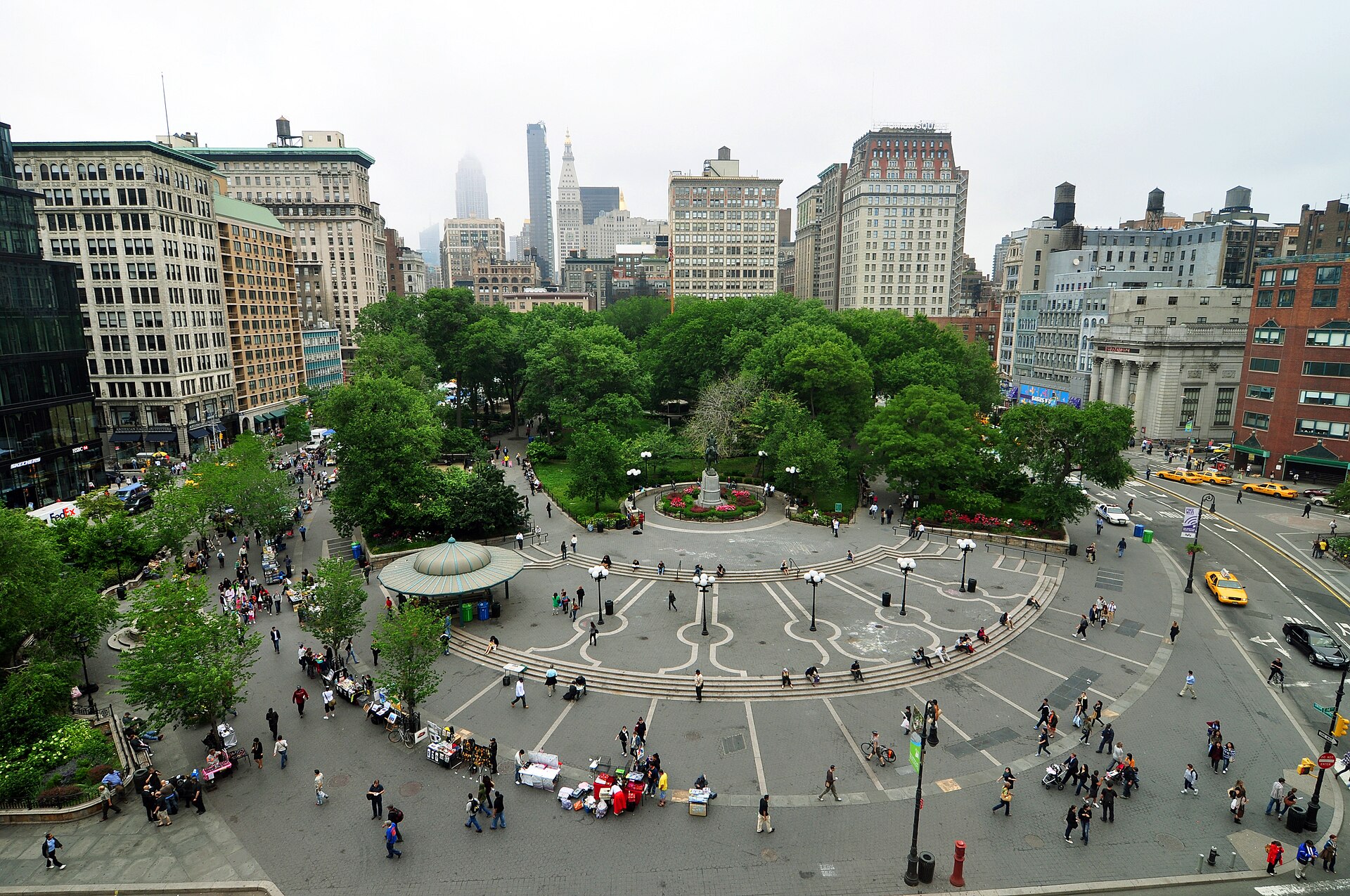 Union Square Park with open pedestrian promenades and historic architecture