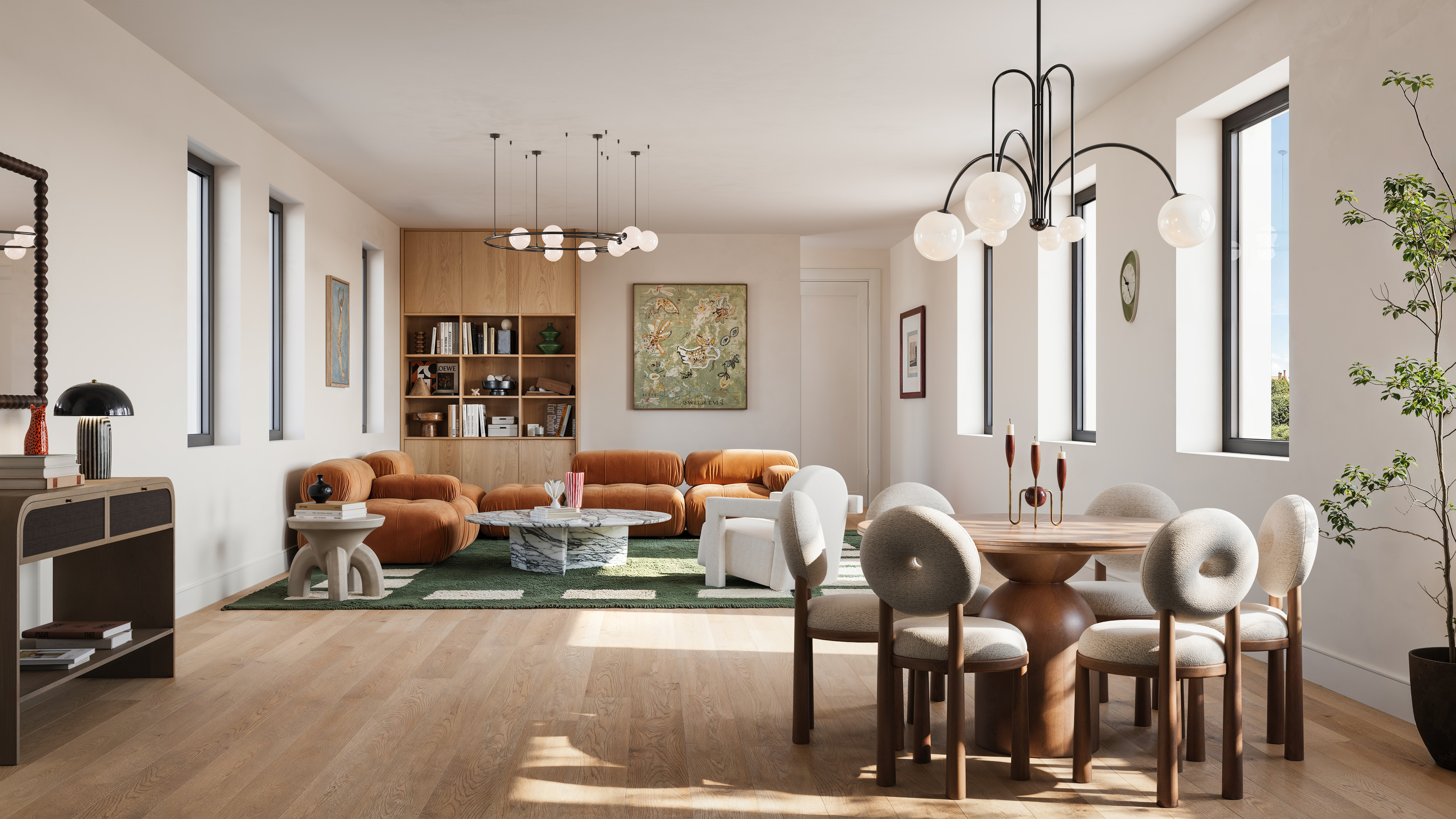 Living room with sculptural orange seating, herringbone floors and oversized windows at The Candy Factory, 124 Washington Avenue, Clinton Hill, Brooklyn