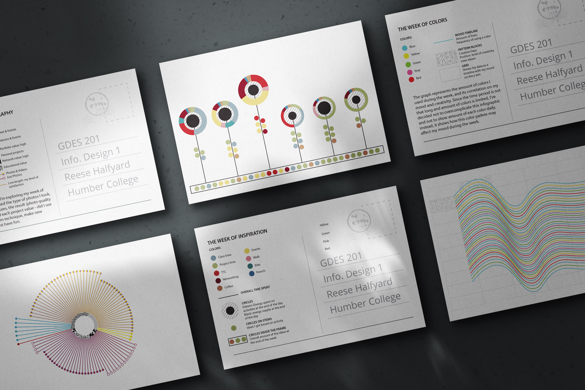 Four white infographic cards with colorful data visualizations and text, including circular and wave charts, labeled with course info from Humber College's GDES 201 Info Design 1 by Reese Halfyard.