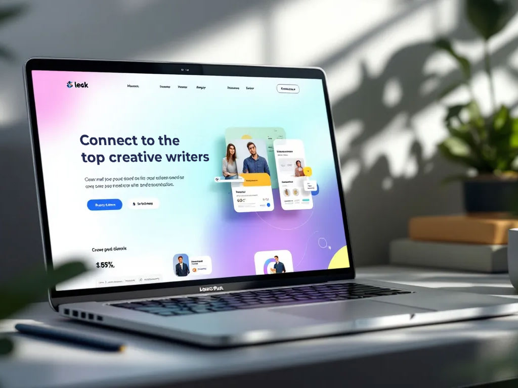 Laptop auf einem Tisch zeigt eine Webseite mit dem Text 'Connect to the top creative writers' und Profilbildern von Autoren.