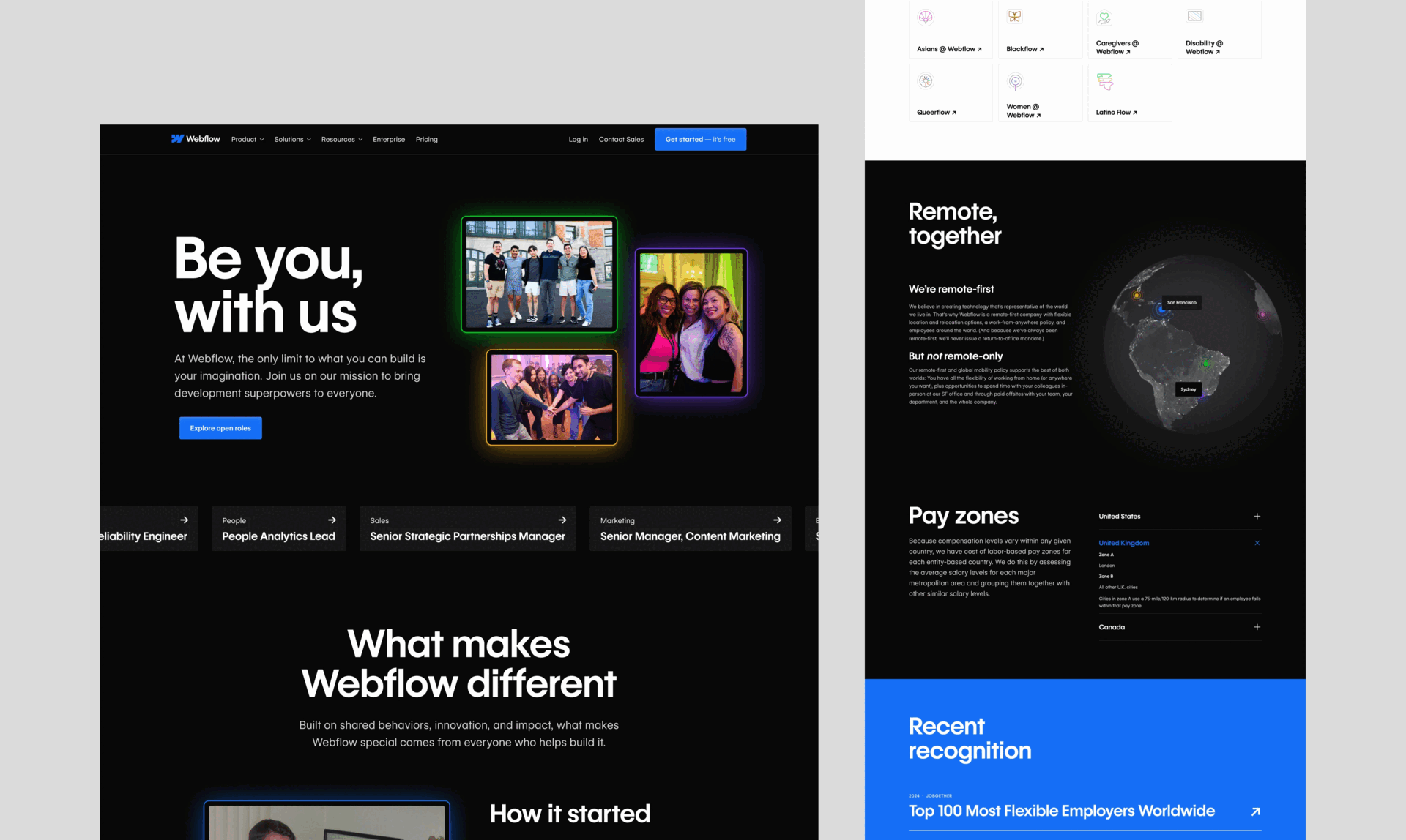 Web designs for Webflow's Careers, DEI, and Customers pages