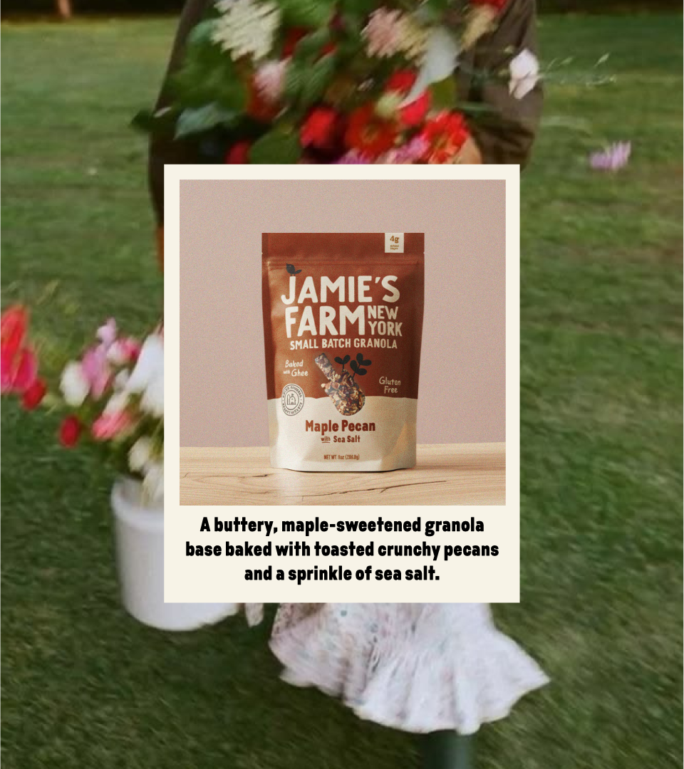 Animated product showcase of Jamie's Farm New York small batch granola — brand and packaging design by n96
