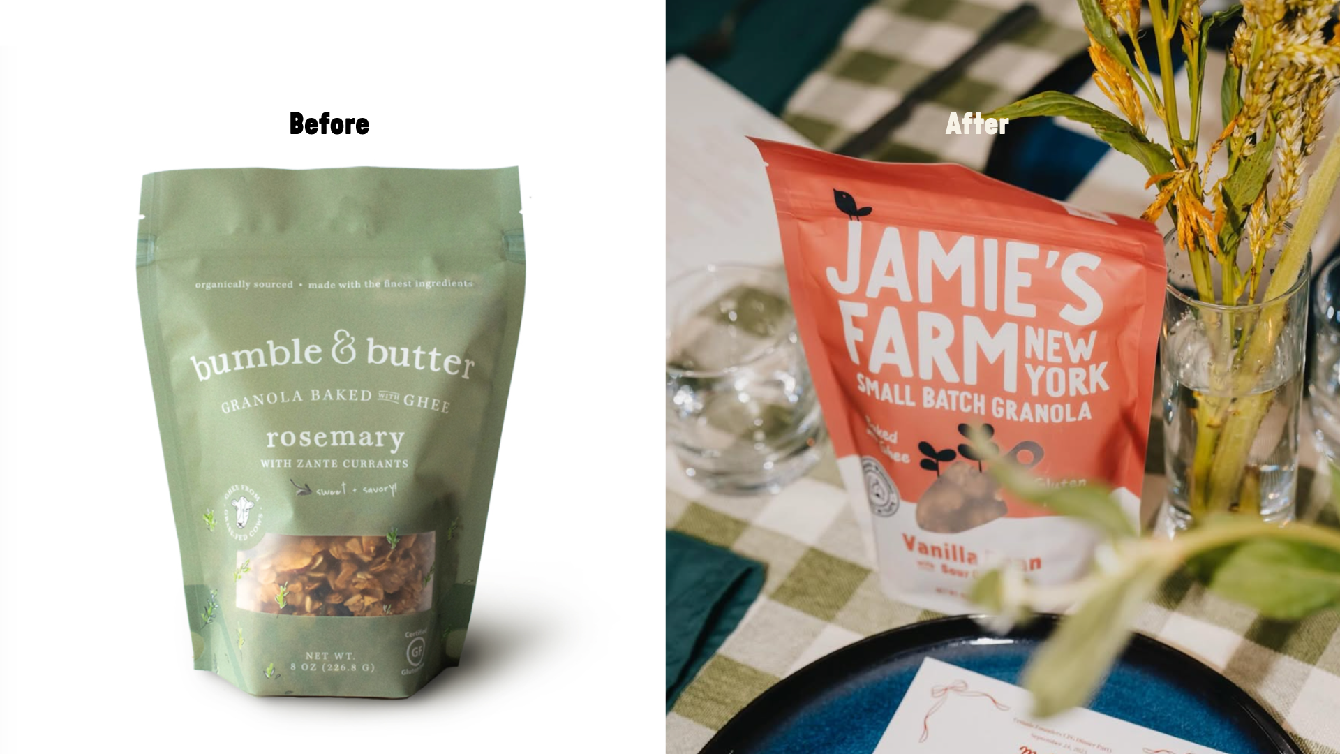 Jamie's Farm New York Maple Pecan with Sea Salt granola packaging design shown outdoors against a blurred floral background with product description text
