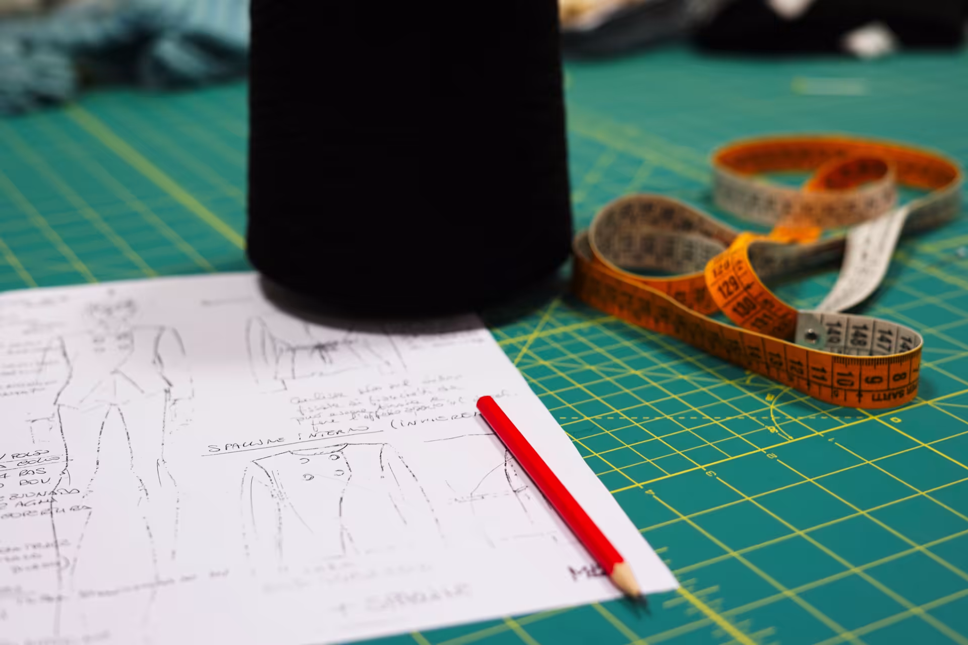 Schizzi tecnici e campioni di filato su tavolo da lavoro – fase di ricerca e sviluppo per la produzione di maglieria di lusso Made in Italy Max Company.