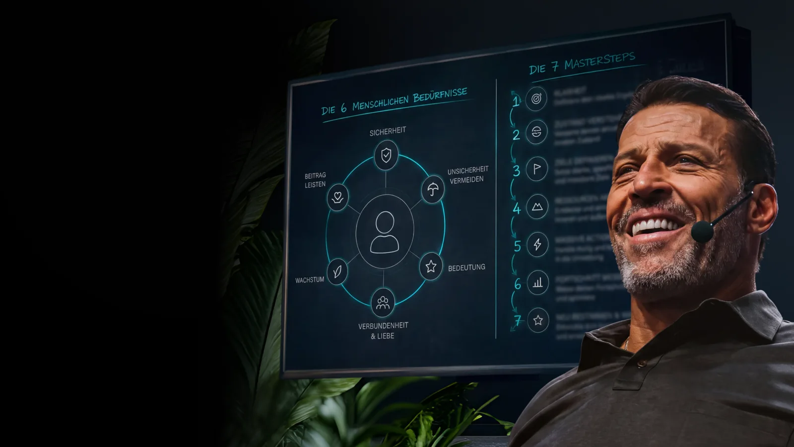 Tony Robbins vor der Tafel mit den 6 menschlichen Bedürfnissen und den 7 Master Steps