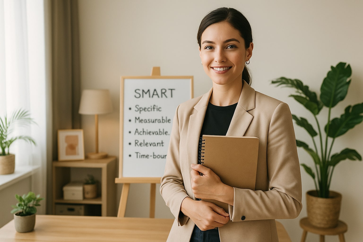 Professional woman holding SMART goals notebook in modern home office with goal-setting whiteboard.