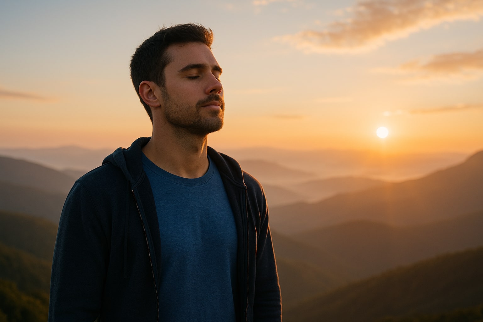 Man standing calmly on mountain peak at sunrise, symbolizing peace, mindfulness, and control over thoughts.