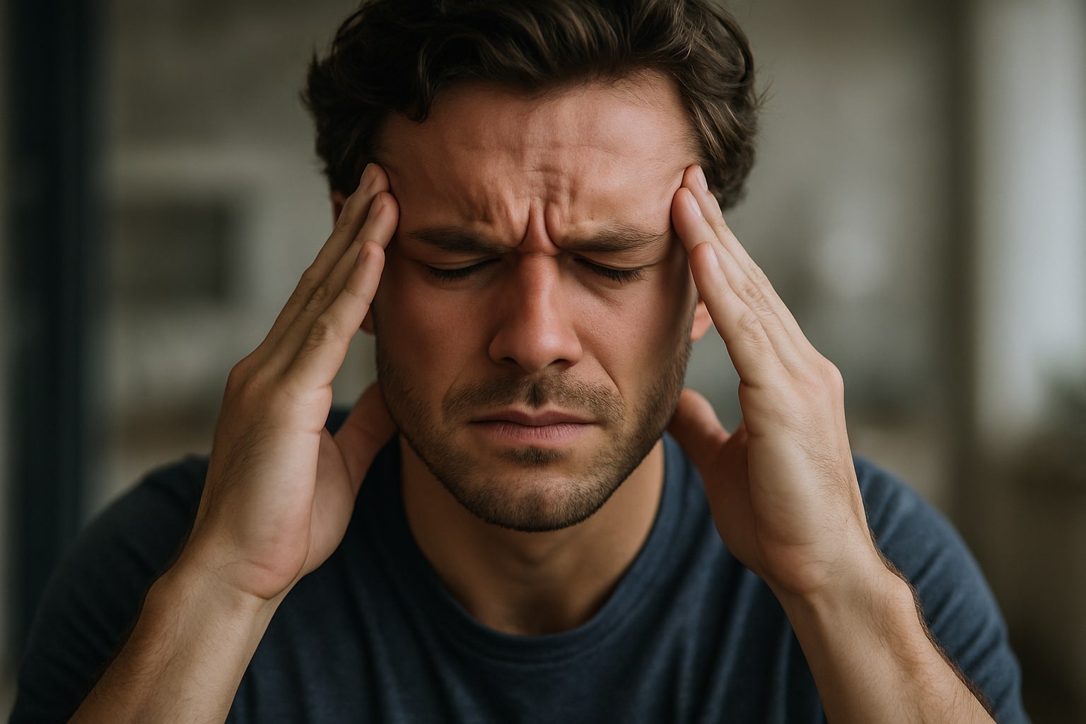 Man holding his head with eyes closed, showing struggle to control stressful or overwhelming thoughts.