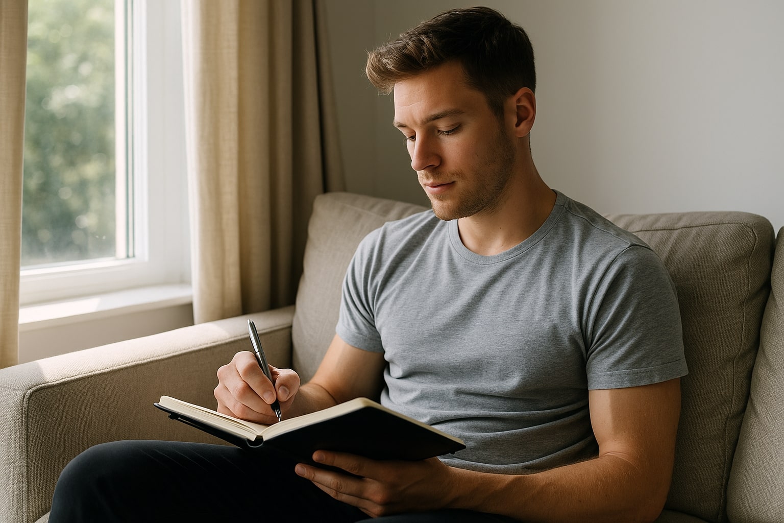 Focused young man journaling near a window in a calm, naturally lit room